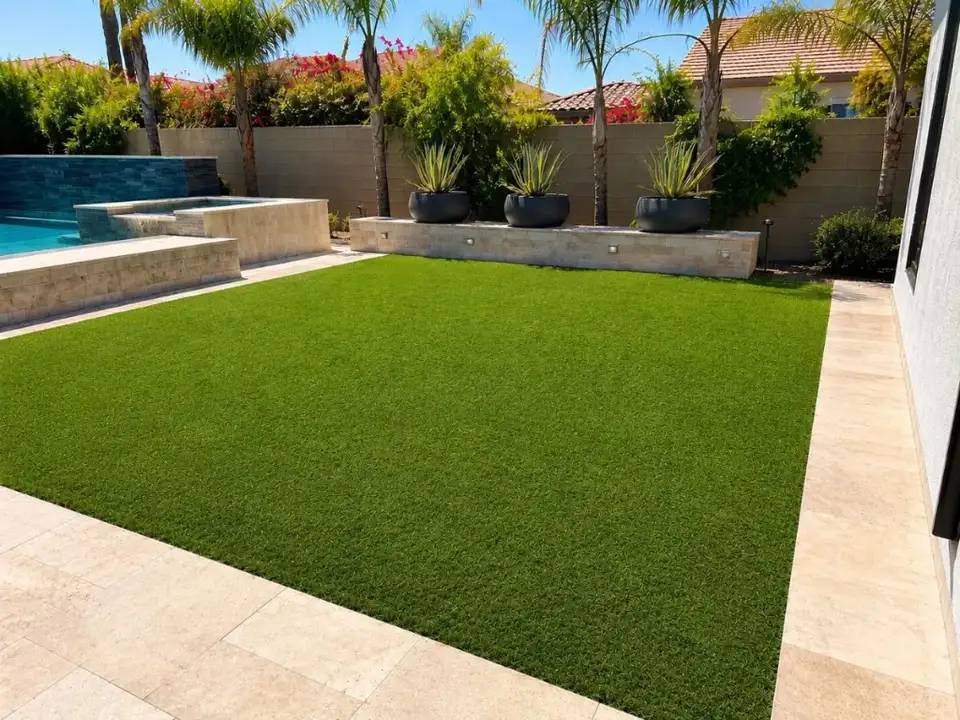 Poolside artificial turf with a crisp groomed finish